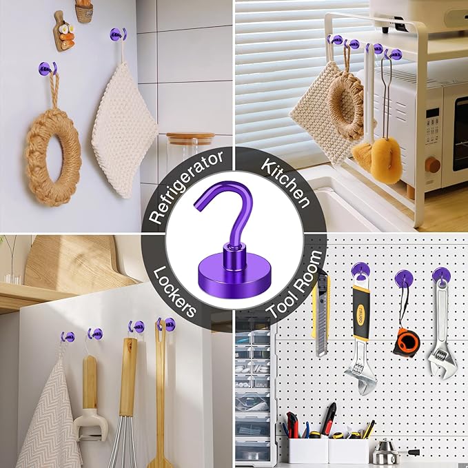 MIKEDE Magnetic Hooks, 40Lbs+ Heavy Duty Magnet Hooks for Cruise Cabins, Super Neodymium Hanging Hooks Strong Magnets with Hook for Fridge, Magnetic Hanger for Grill, Toolbox, Storage(Purple, 4 Pack)