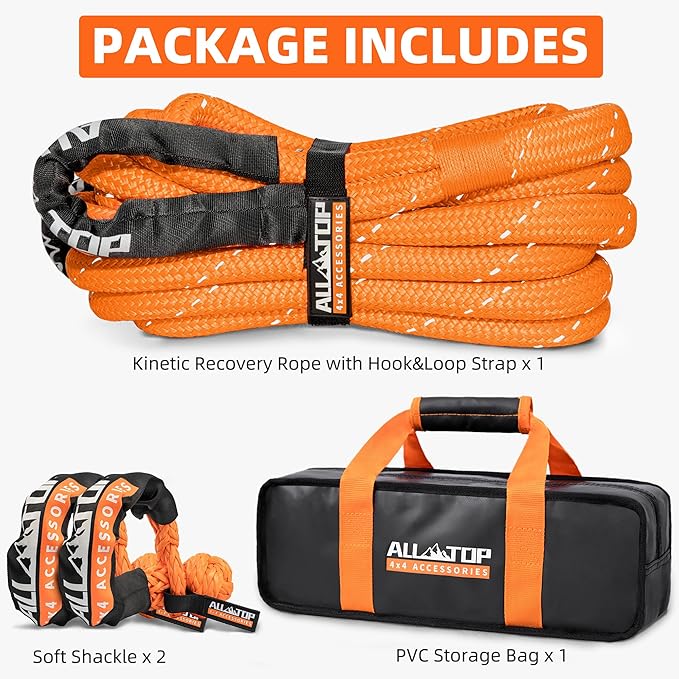 ALL-TOP Kinetic Rope Kit (Reflective) w/ 2 Soft Shackles, 48000Lbs, 1in x 30ft, Heavy Duty 30+% Elasticity, 16000Lbs Work Load Limit