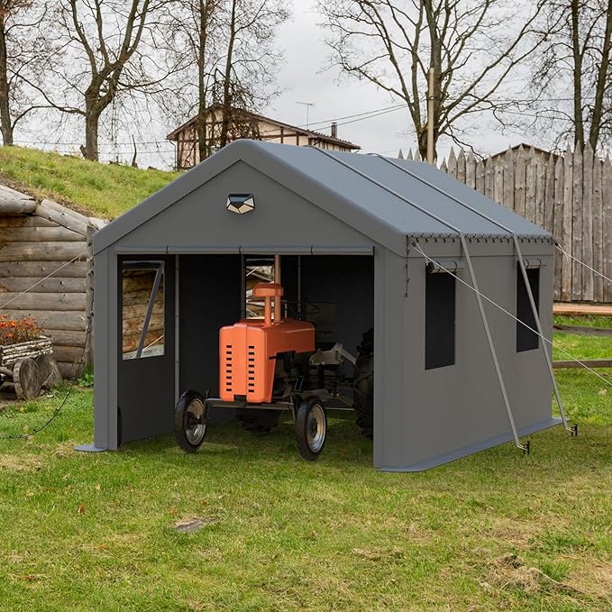 10x16 Carport, Heavy Duty Carport Canopy Garage with Removable Sidewalls and Drive Through Roll Up Zipper Doors, Grey