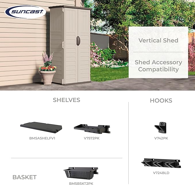Suncast Vertical Outdoor Storage Shed with Reinforced Floor, Lockable Double Doors, All-Weather Construction, and Multi-Wall Panels, Vanilla, Made in the USA