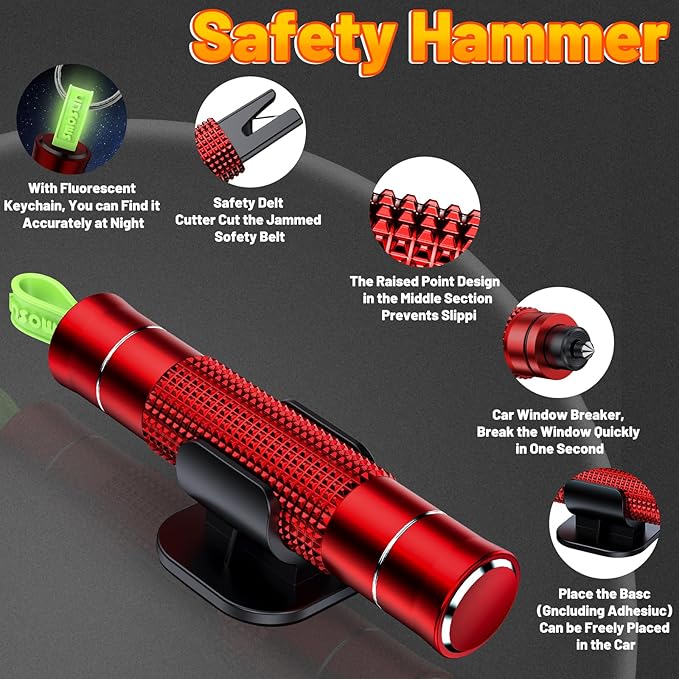 Safety Hammer - Safe Hammer Glass Breaker Under Water, Upgraded Antiskid, Car Hammer Seatbelt Cutter Car Window Breaker Emergency Escape Tool, Safe Hammer Glass Breaker for New Cars (2PCS Red)