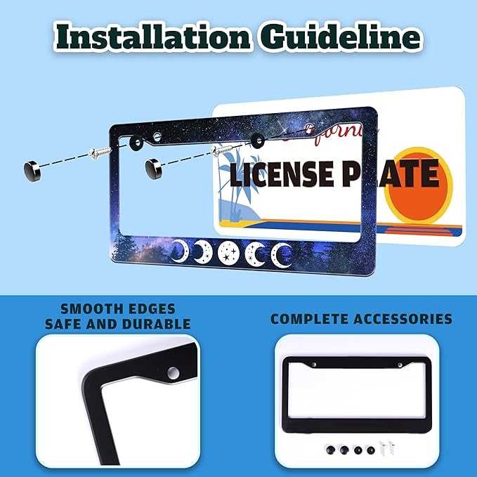 Moon Phases License Plate Frame Starry Sky Forest Moon License Plate Holder for Front or Rear Car Tags Stainless Steel Funny Car Decoration with Screws 6.3 X 12.2 in