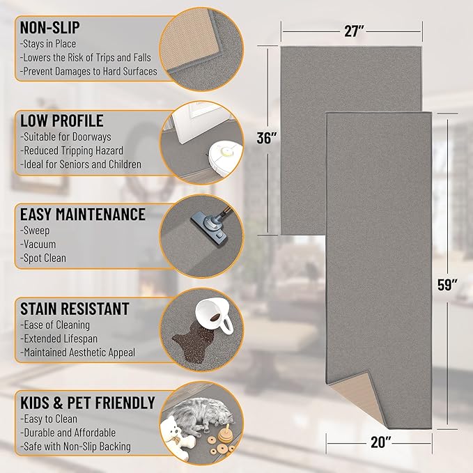Ottomanson 2-Piece Kitchen Rug Set - Non Slip, Runner & Small Area Rug - Solid - 20" x 59" & 2'3" x 3' - Durable, Stain Resistant for Entryway, Bedroom and Bathroom, Gray
