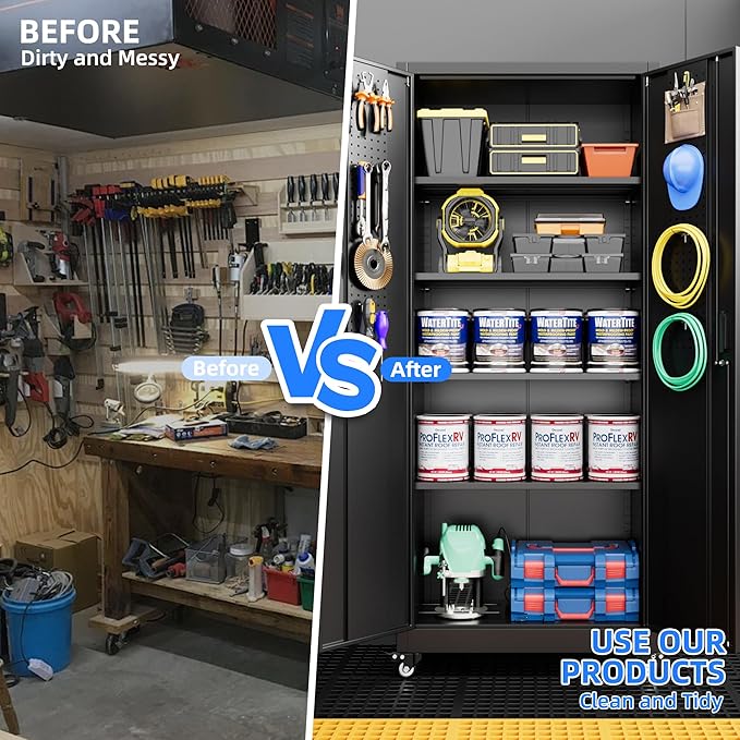Metal Storage Cabinet with Wheels, Pegboard and 4 Hooks, 73" H Garage Storage Cabinet with 4 Adjustable Shelves and 2 Lockable Doors for Garage Home Office Warehouse, Black, Assembly Required
