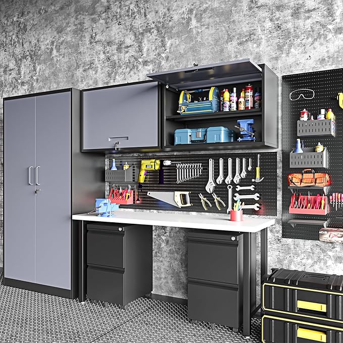 Metal Wall Cabinet for Garage Floating Garage Storage Wall Mount Shop Cabinet Upper Storage Trailer Gearbox Tool Small Wall Steel Adjustable Shelf Assembly Required