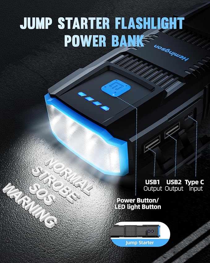 Car Jump Starter, HEMINGSON 2000A Peak Battery Jump Starter Portable 12V Jump Box for Vehicles 7.0L Gas and 5.5L Diesel Engines with 4 Modes LED Lights and Jumper Cable