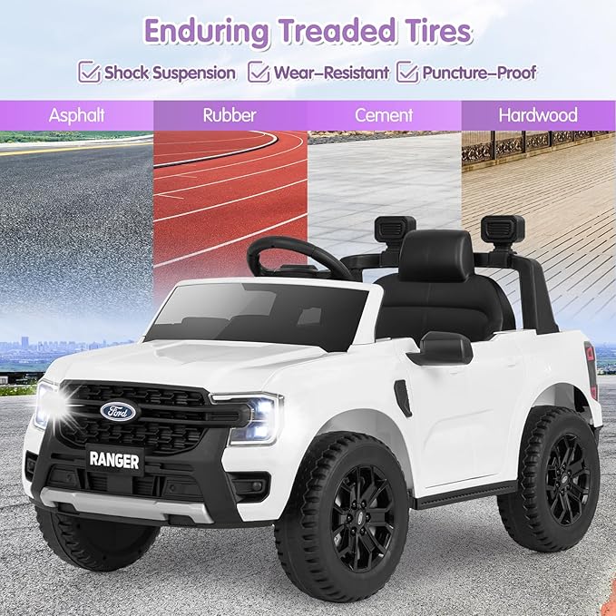 HONEY JOY Ride On Car, 12V Licensed Ford Ranger Electric Vehicle for Kids, Spring Suspension, Music & 3 Speeds, Horn, LED Lights, Battery Powered Ride On Toy with Remote Control(White)