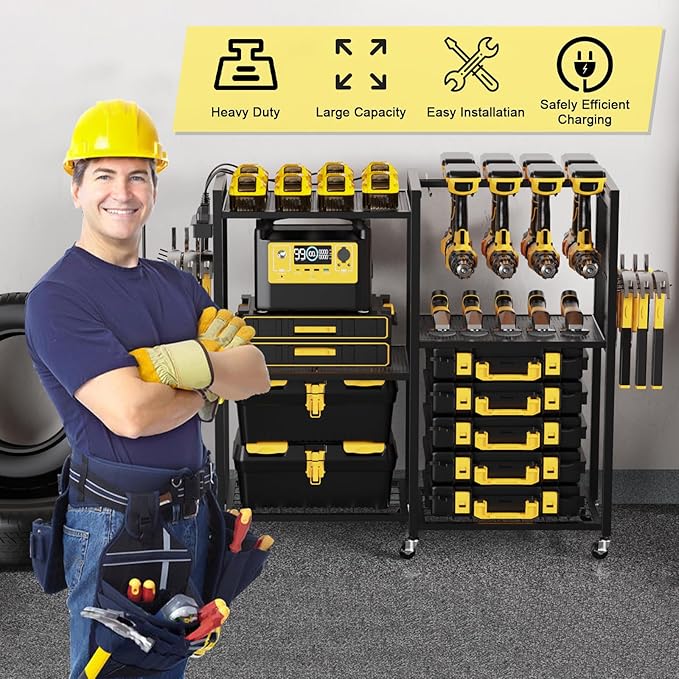 6-Tier Large Power Tool Organizer Cart with Charging Station, Heavy-Duty Garage Rolling Tool Cart with 6 Wheels, 8 Hooks & Adjustable Shelves, Holds 700LBS+
