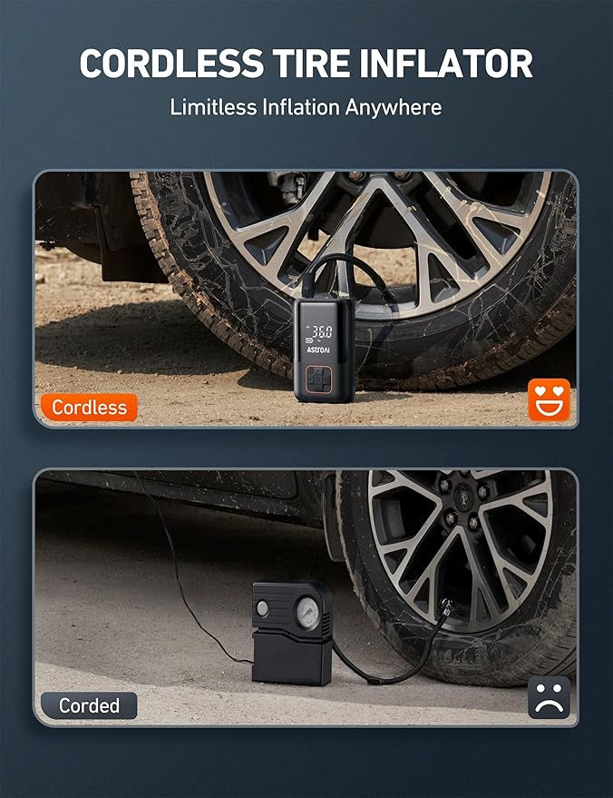 AstroAI Tire Inflator Portable Air Compressor Cordless Ultra-Lightweight Car Tire Pump 150 PSI Bike Pump with LED Lights & Digital Screen Air Pump for Cars, Motorcycles, E-Bikes, Balls-Black,Regular