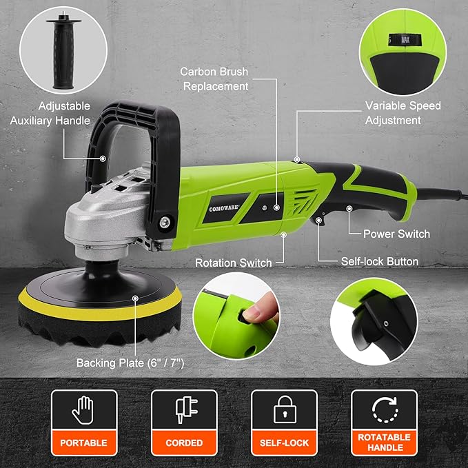 COMOWARE 1300W Professional Car Buffer Polisher - 6-Speed Adj. (600-4000 RPM) with 7"/6" Backing Plates, Auto Detailing Tool for Sanding/Waxing/Polishing by Professionals