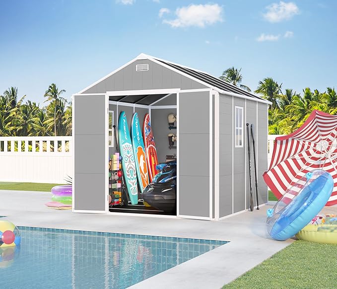 MyVoice 8x8 FT Outdoor Resin Storage Shed with HD Window, Rustproof Waterproof Garden Tool Shed, 12mm Thickened PP Panels, Large Capacity Outdoor Utility House for Backyard Patio (with Floor)