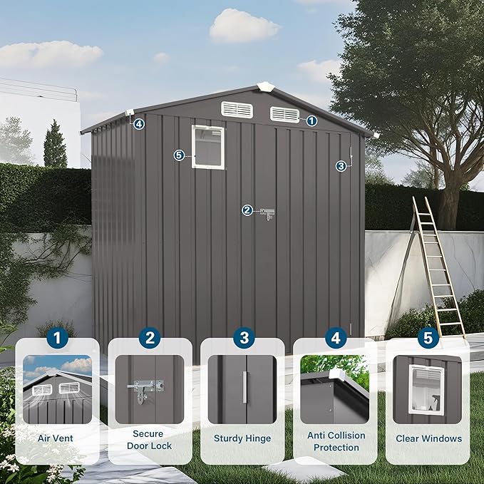 6 x 4 FT Outdoor Storage Metal Shed, Bike Garden Tool Shed with Slooping Roof, Lockable Doors and Aluminum Frames, Shed Easy to Assemble for Garden, Patio, Lawn, Black