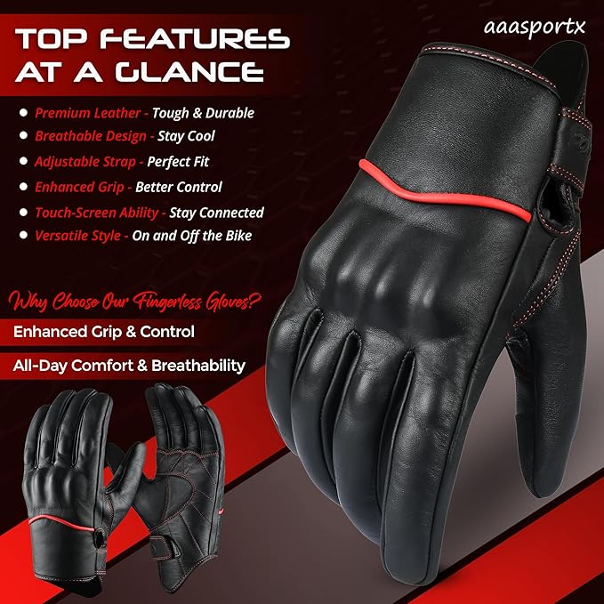 aasportx Motorcycle Gloves - Men's Leather Motorbike Gloves with Touchscreen Function - Non-Slip Pads for Men & Women