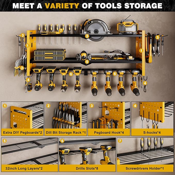 Power Tool Organizer Wall Mount,Cordless Drill Hanger Storage Rack 8 Drill Holder,3 Layers Heavy Duty Power Tool Storage Rack(Yellow)