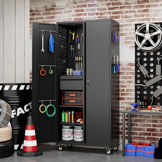 71" H Metal Garage Storage Cabinet with Locking Doors and 2 Adjustable Shelves, Rolling Tool Storage Cabinet with Wheels, Drawer, Pegboard and 16 Hooks for Garage, Warehouse, Black
