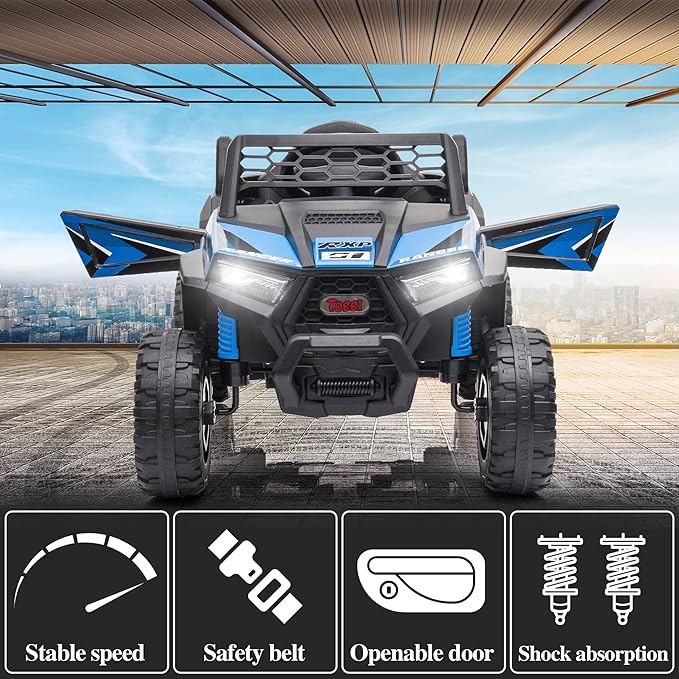 TOBBI 12V Kids Ride on Car, Electric Off-Road UTV Truck with Forward and Reverse Functions, Double Open Doors, Safety Belt, Horn, Music, and Lights for Kids Aged 3-5 Years (Blue)