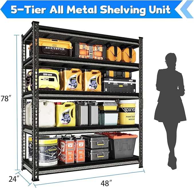 Garage Shelving Heavy Duty 3000LBS Loads, 48" W Adjustable Garage Storage Shelves, 5-Tier Metal Shelving Units and Storage, Industrial Utility Shelf, 48" Wx24 Dx78 H,Silver