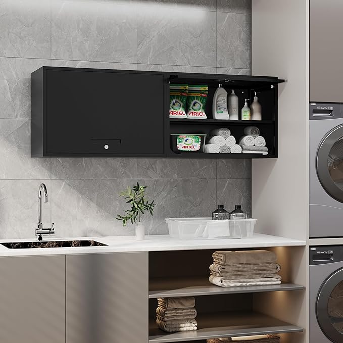 Metal Storage Cabinet Black Wall Cabinets with Shelf and Locking Door - Wall Mounted Storage Cabinet for Garage Warehouse Home Office - Assembly Required