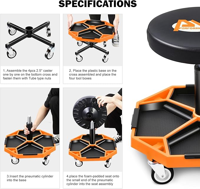 PM PERFORMOTOR Adjustable Height Pneumatic Garage Seat Rolling Mechanic Stool with Tool Tray Storage,300lbs Max Weight Capacity, Orange,PM-TOL-ATS-OG
