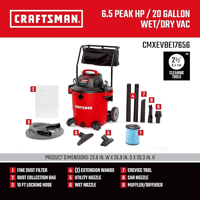 CRAFTSMAN CMXEVBE17656 20 Gallon 6.5 Peak HP Wet Dry Vac with Cart, Heavy-Duty Shop Vacuum Wet and Dry with Fine Dust Filter, Dust Bag, Hose and Attachments for Shop, Garage, Jobsite Cleaning