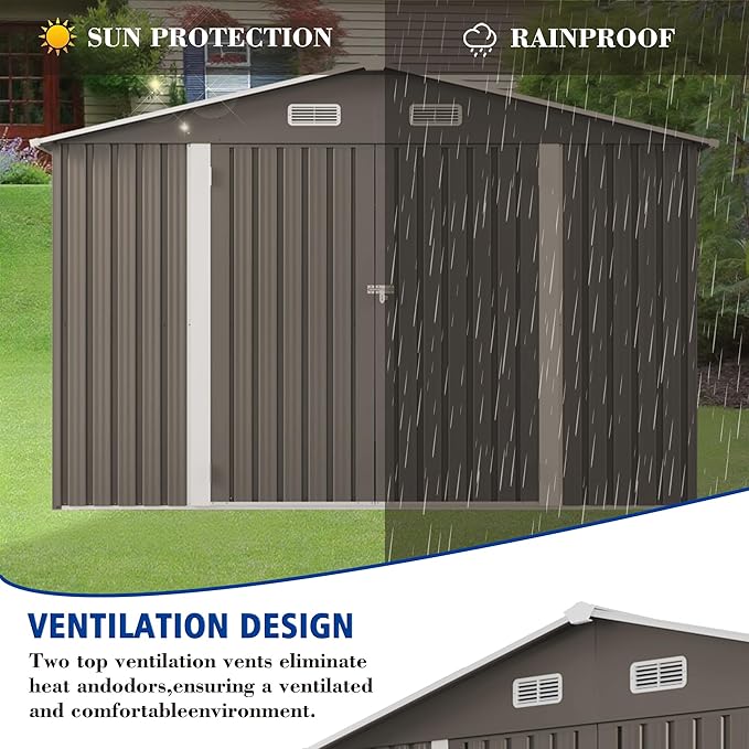 10x8 FT Outdoor Storage Shed,Metal Shed W/Window,Garden Storage Shed W/Lockable Door,All Weather Waterproof Tool House W/ 4 Air Vents & Sloped Roof,for Backyard,Patio,Lawn,Gray