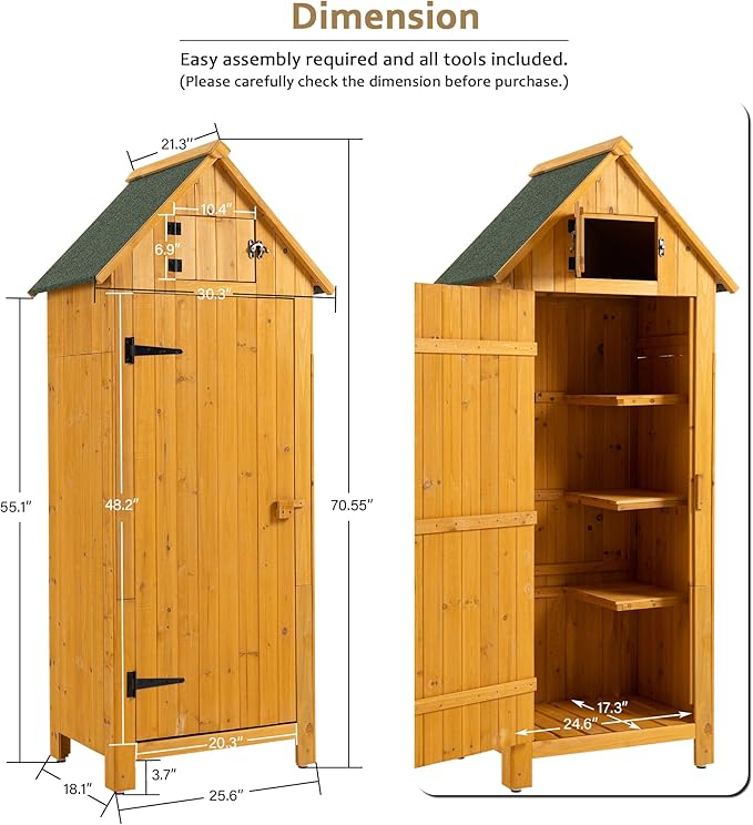 30.3" L X 21.3" W X 70.5" H Outdoor Storage Shed with Waterproof Roof, Solid Fir Wood Frame, and 3 Compartments for Garden Tools, Mower, and Hose,Natural Wood