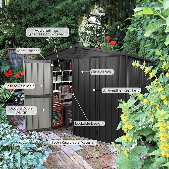 IKERY Galvanized Steel Storage Shed - 8.2' x 6.2' with Lockable Door, Large Metal Garden Shed for Bikes, Trash Cans and Outdoor Storage, Suitable for Backyard and Patio, Dark Gray