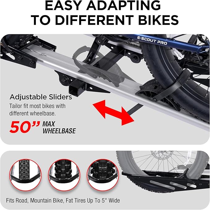 Rockland Foldable 2-Ebike Rack with Ramp, 200 lbs Capacity, Hitch Mount Electric Bike Rack, Fits up to 5" Fat Tire Width and 50" Wheelbase, Ebike Carrier Rack for 2" Receiver for Cars SUVs Vans RVs