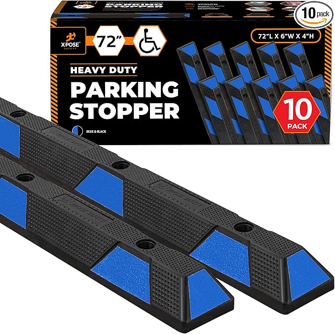 Xpose Safety 72" Heavy Duty Rubber Parking Stopper – 10 Pack Wheel Blocks for Garage, Driveway, or Ramp – Car Bumper Stop with Blue Reflective Strips – Removable Floor Mount