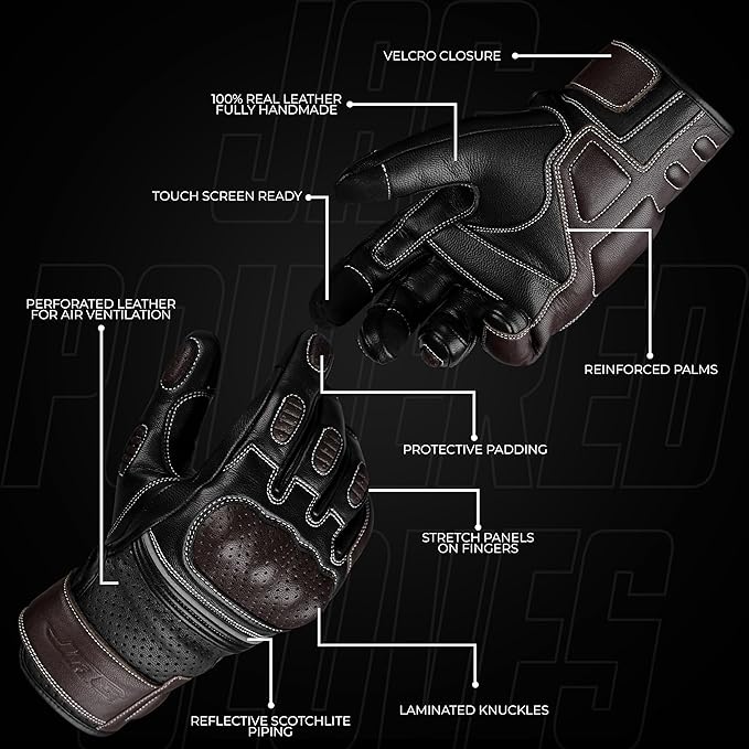 J.A.G. Motorcycle Gloves - Premium Leather Perforated Motorcycle Gloves for Men with Knuckle Protection | Touchscreen Motorbike Riding Gloves