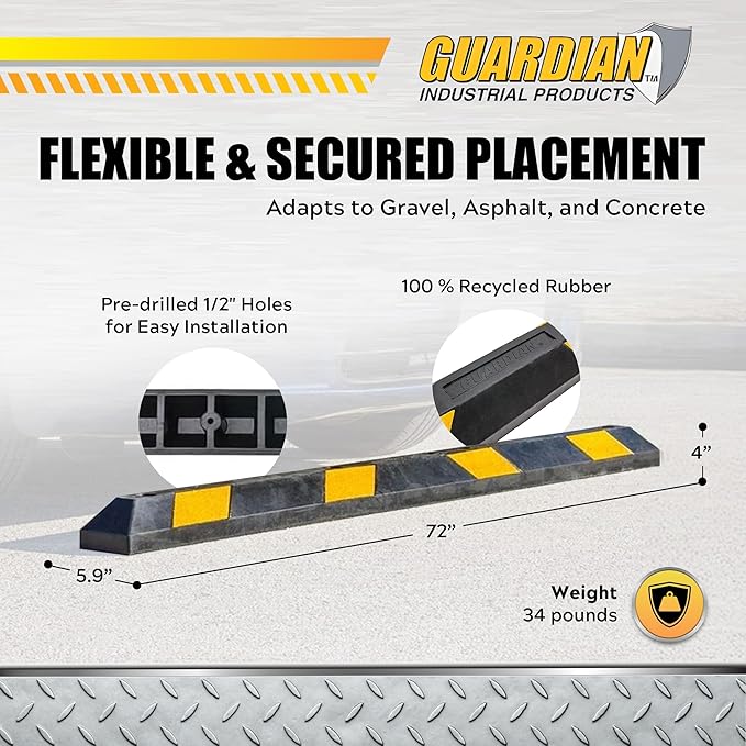 Guardian Parking Stop, 6 Foot Long Rubber Curb with Mounting Holes, Black/Yellow - Highly Visible Accessory for Job Sites & Garages