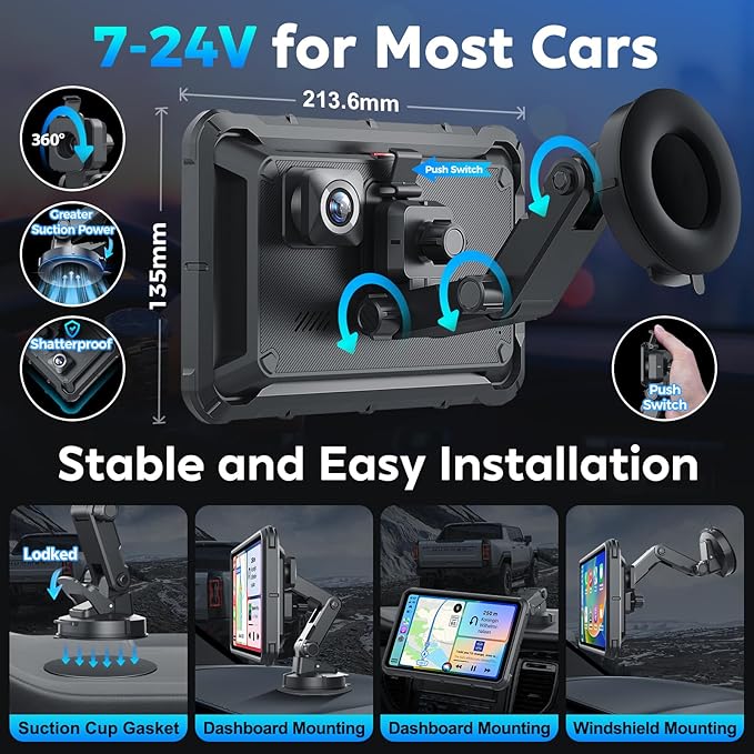 Portable Apple Carplay Screen for Car, 8" Wireless Android Auto Screen with 4K Dash Cam & 1080P Backup Camera, Secure Strong Bracket, Navigation, Bluetooth, Mirror Link, Fits All Vehicles