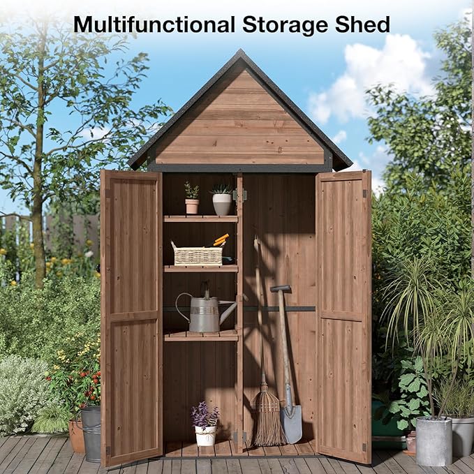 Outdoor Storage Shed with Waterproof Roof - Heavy-Duty Metal & Wood Garden Cabinet, Adjustable Shelves, Large Capacity Waterproof Design for Patio, Garage, Backyard (Dark Brown)
