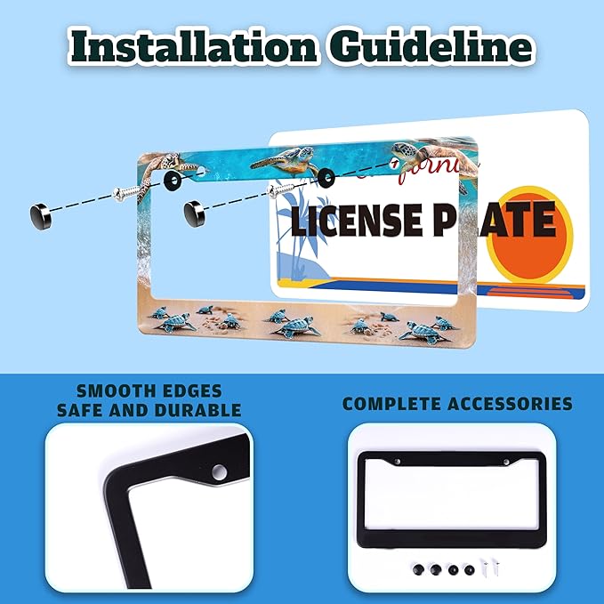 Sea Turtle License Plate Frame Seaside Beach Stainless Steel License Plate Holder for Front or Rear Car Tags Funny for Car Decoration Accessories with Screws 6.3 X 12.2 in for Women Men
