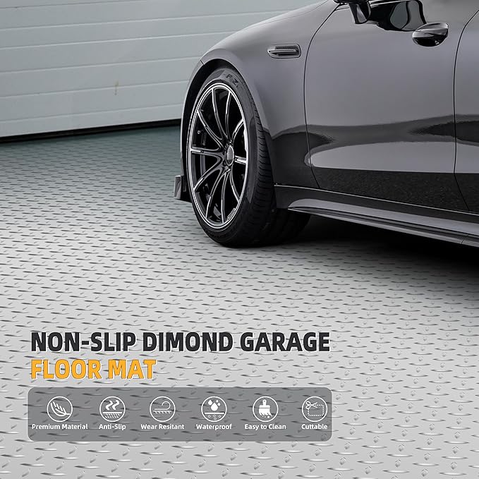 8.2 x 23 FT Garage Floor Mat, 2.8mm Thickened Diamond Plate PVC Garage Flooring Roll for Under Car Parking, Heavy Duty Garage Floor Protector 188.6 SQFT for Garage, Basement, Golf Cart. Gray