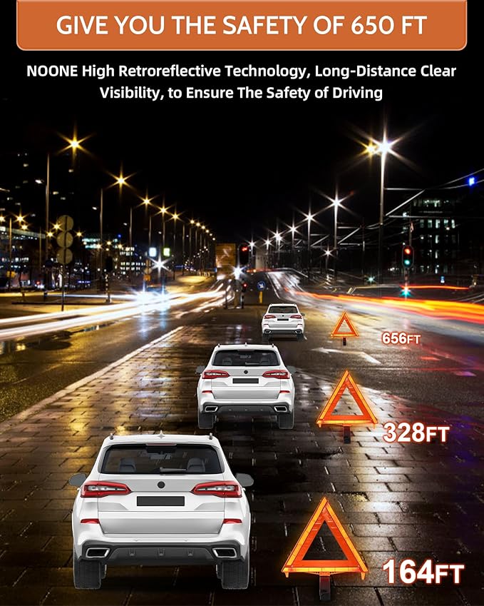 Noone Safety Triangles DOT Approved, 3 Pack Foldable Warning Reflective Triangles, US FMVSS 571 125 with Carrying Case, Heavy Base Emergency Roadside Triangles