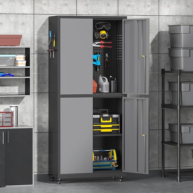71" H Metal Tool Storage Cabinet with Lock and Wheels, Heavy Duty Garage Cabinet with 4 Doors and 2 Adjustable Shelves, Tool Organizer with Pegboard for Garage, Warehouse (Black&Gray, 71" H)