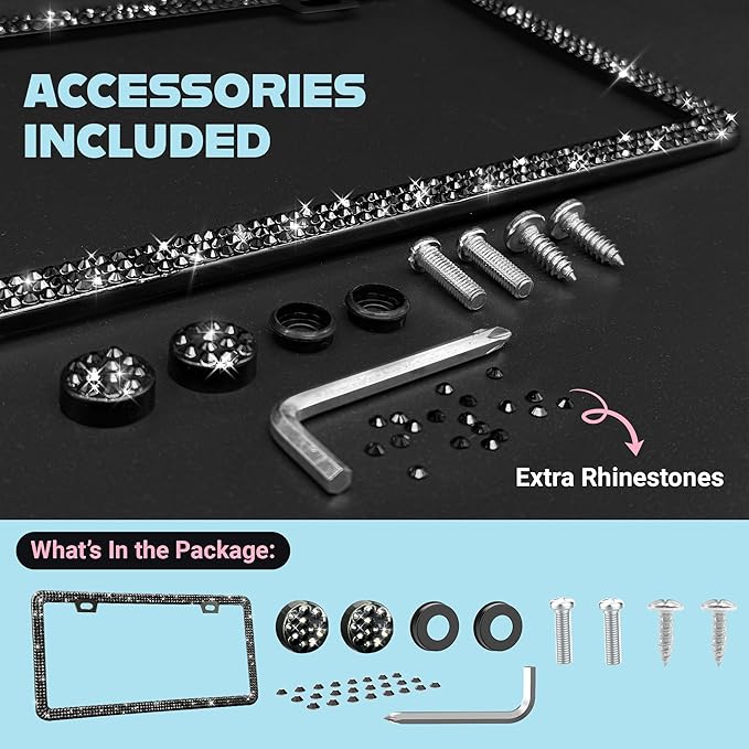 Elegant Bling License Plate Frame for Women - 1 Pack, 800 Premium Black Rhinestones, Rust-Free Stainless Steel, Street Legal Slim Design, Sparkly Diamond Car Tag Holder with Glitter Crystal Covers