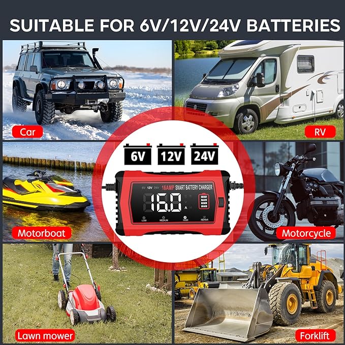 16-Amp Battery Charger, 6V/12V/24V Smart Car Battery Charger, Automotive Battery Maintainer, Trickle Charger for Car, SUV, Motorcycle, Boat, Lead-Acid, Lithium, LiFePo4 Battery