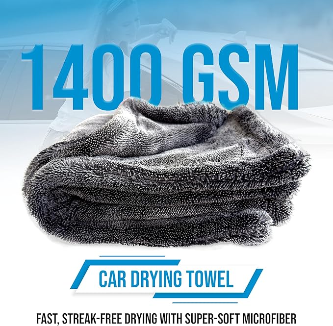 Car Drying Towel Extra Large 36"x24" Super Absorbent - Professional Grade 1400 GSM Microfiber Twisted Loop Design is The Perfect Choice When You Want A Safe Scratch Free and Streak Free Finish