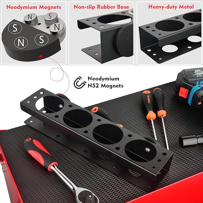 MUTUACTOR Super Power Tool Organizer, Non-Slip 4 Drill Holder Magnetic Mount with 2 Layer Heavy Duty Metal Storage Rack, Garage Tool Organizer with Screwdriver, Plier, Impact Drill Drivers