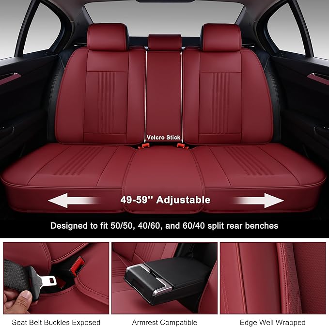 Car Seat Covers Full Set, Front and Rear Seat Covers for Cars, Waterproof Leather Auto Seat Protectors with Head Pillow, Car Seat Cushions Fit for Most Sedans SUV Pick-up Truck, Wine Red