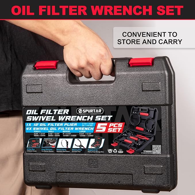 Spurtar Swivel Oil Filter Wrench Set of 5 Adjustable Wrench 2-3/4" to 5-1/4" (70-133mm) 12" Universal Oil Filter Removal Tool for 4S Shop Auto Repair Mechanic DIY Generator Small Engine