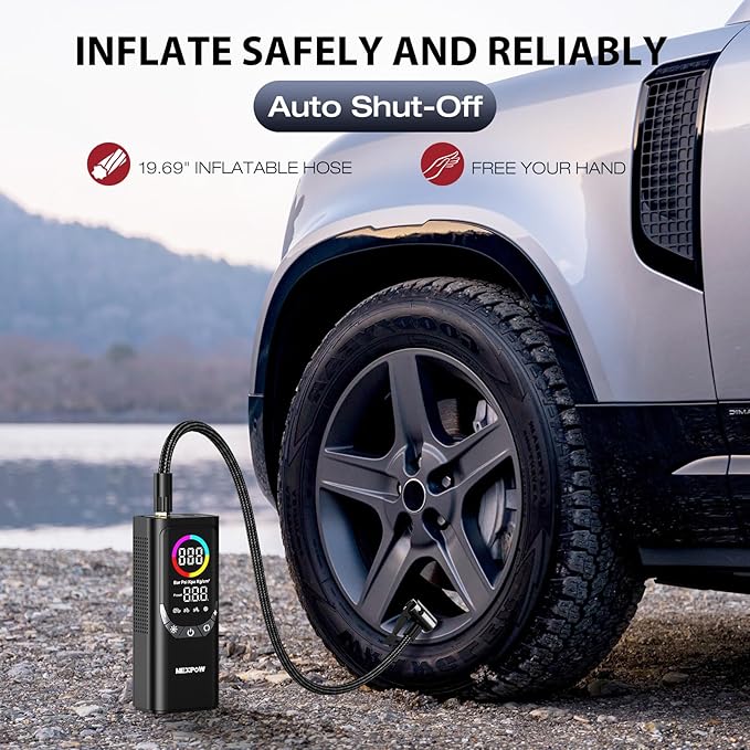NEXPOW NP17 Portable Air Compressor, 150 PSI Digital Tire Inflator, Fast Inflation with Auto Shut-Off, LED Light, Multiple Nozzles for Car, Bike, and Ball, Compact Design, Grey