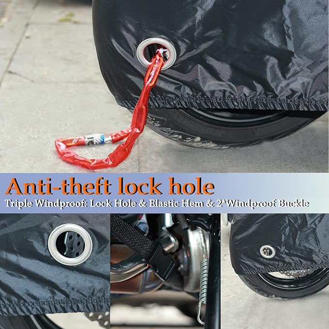 Motorcycle Cover, 210D Oxford Cloth, with Reflective Stripes, Waterproof Outdoor Protection, All-Weather Universal car Cover, with Lock Holes and Storage Bag. (All Black, 90.5")