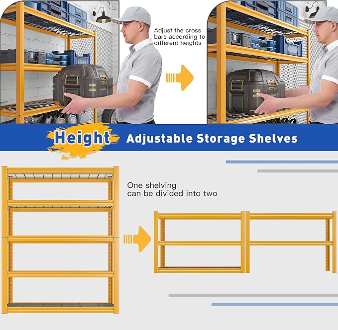 REIBII Storage Shelves 40''W Garage Shelving Heavy Duty Metal Shelving 2000LBS Metal Shelves 5 Tier Industrial Shelf for Pantry Kitchen Basement 72" H x 40''W x 17.8''D, Yellow