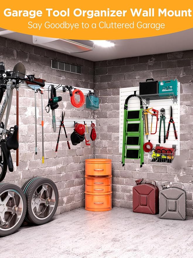 Garage Tool Organizer Wall Mount Slat Wall Paneling Yard Tool Storage for Garage, Bike Storage Rack