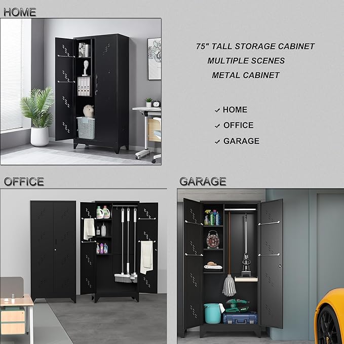 75" Taller Metal Garage Storage Cabinet,Tool Chest, Large Office Storage Cabinet with Lock Doors, Stainless Steel Bottom Plate with Holes,Utility Room Organization(H75* D16.53*L33.85)(Black)