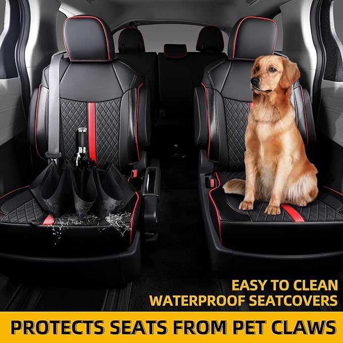 Custom Fit Sienna Seat Covers for Toyota Sienna LE,XLE 2021-2025 3-Row Accessories Full Coverage Waterproof Leather Car Seat Covers Full Set (Black with red, 7-Seat)