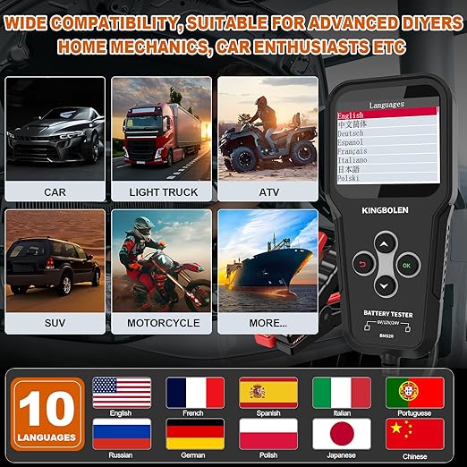 KINGBOLEN BM520 6V 12V 24V Car Battery Tester, 100-2000 CCA Automotive Load Tester Accurate Digital Auto Battery Analyzer Cranking and Charging System Tester for Cars Trucks SUV Motorcycle